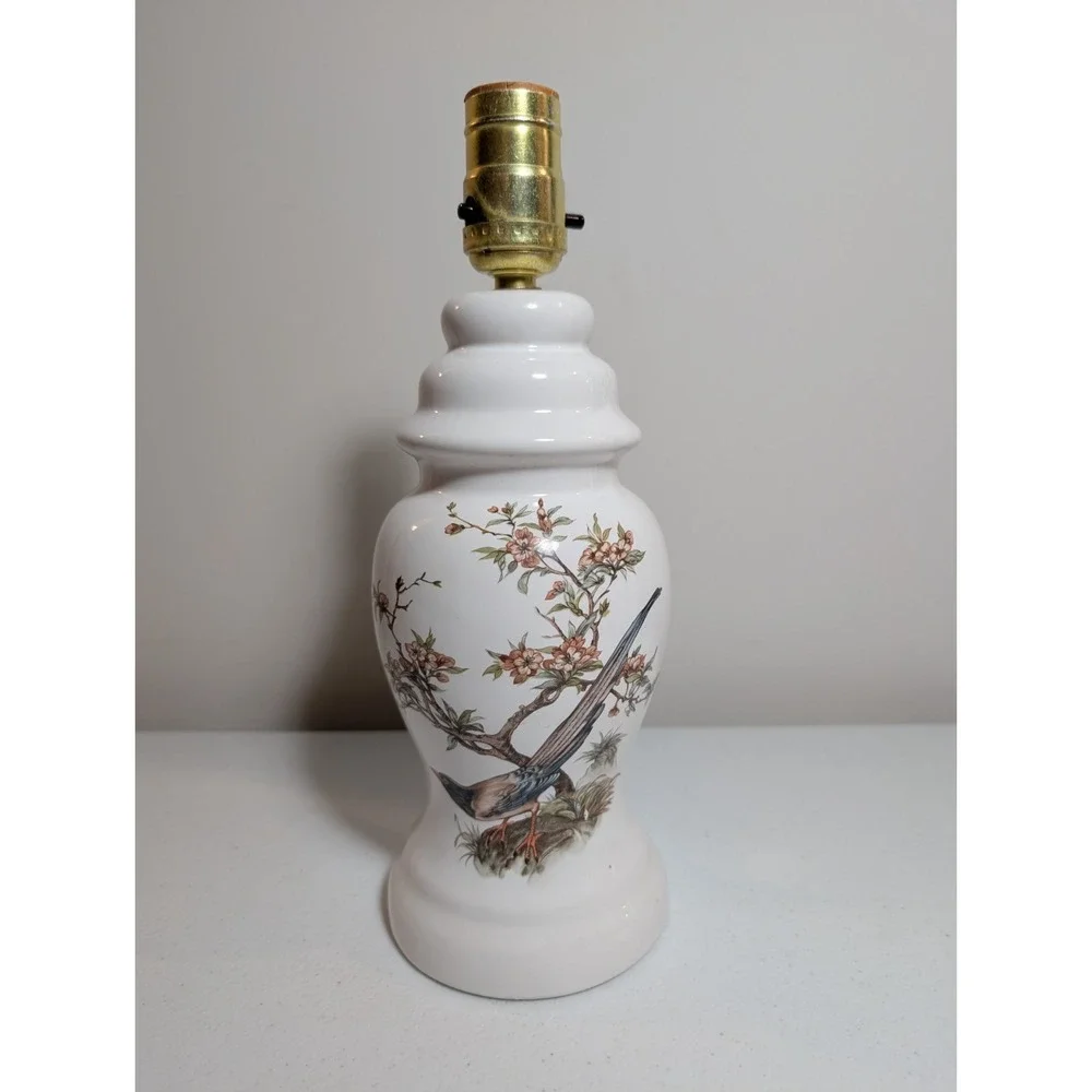 Vintage White Ceramic Bird Floral Table Lamp Base Cherry Blossom Base Only 12in